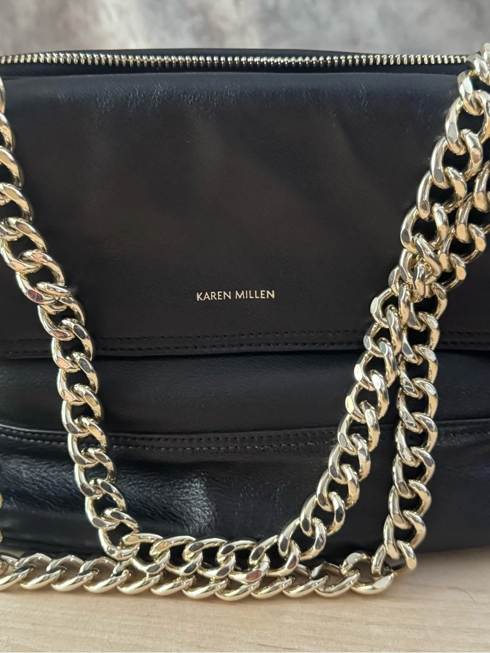 Karen Millen Black Leather Shoulder Bag with Gold Chain Straps and Dust Bag - Picture 3 of 11